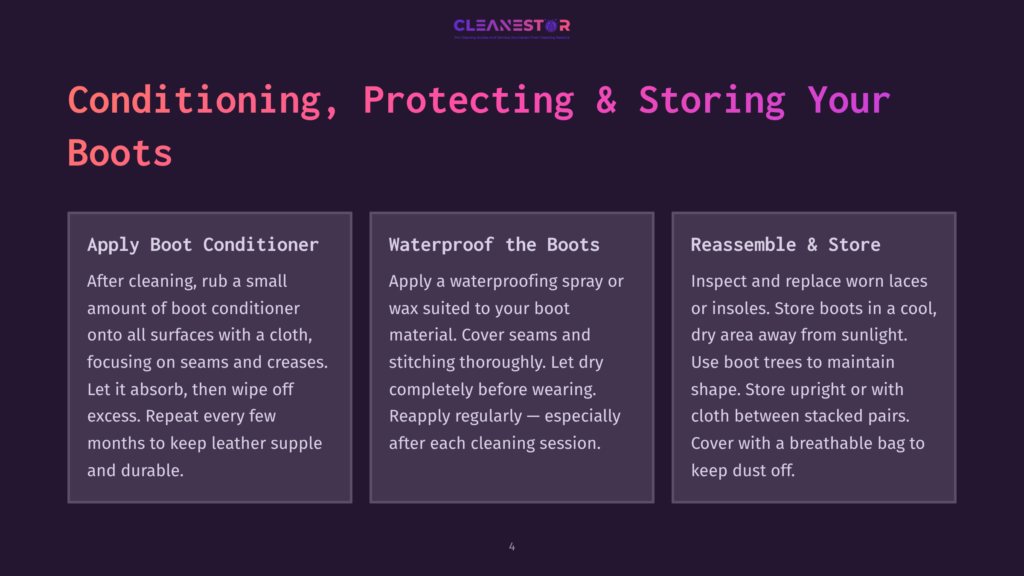4 Conditioning Protecting And Storing Your Boots A Presentation Slide Titled &Quot;Conditioning, Protecting &Amp; Storing Your Boots&Quot; With Three Columns: &Quot;Apply Boot Conditioner,&Quot; &Quot;Waterproof The Boots,&Quot; And &Quot;Reassemble &Amp; Store,&Quot; Offering Advice On Boot Care.