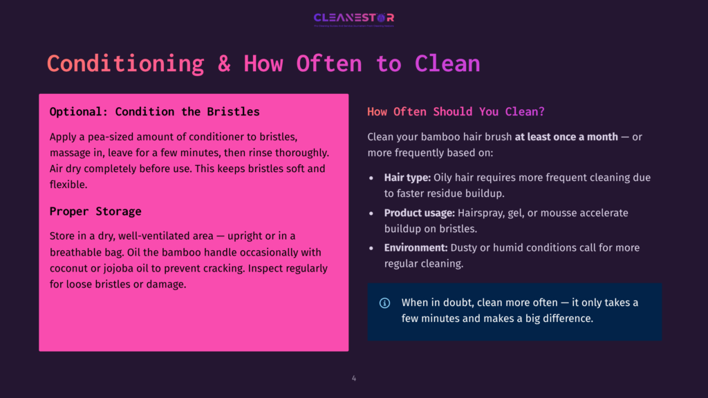 Cleanestor Bamboo Hair Brush Cleaning Guide: Conditioning And Proper Storage Tips. Text Includes &Quot;Conditioning &Amp; How Often To Clean&Quot; And &Quot;How Often Should You Clean?&Quot;.
