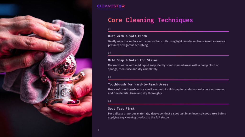 Close-Up Of Hands Gently Cleaning A Decorative, Ornate Metallic Figurine With A Soft Cloth, Following Cleaning Techniques For Statues.