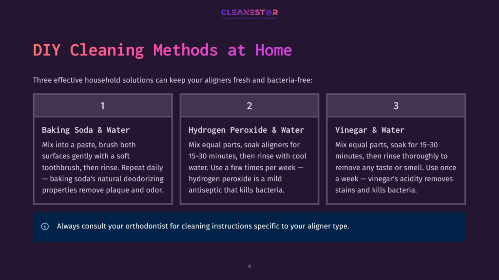 Diy Cleaning Methods For Aligners: Baking Soda &Amp; Water, Hydrogen Peroxide &Amp; Water, And Vinegar &Amp; Water Solutions Are Presented In Three Distinct Sections With Instructions.