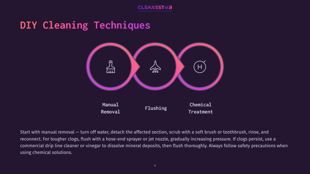 Diy Cleaning Techniques Illustrated With A Three-Step Process: Manual Removal, Flushing, And Chemical Treatment, Shown As Connected Circular Icons With Icons Representing Each Step.