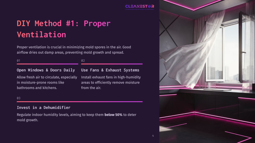 A Bright, Airy Room With Sheer White Curtains Billowing In The Breeze From An Open Window, Illuminated By Neon Pink Lighting Along The Floor And Ceiling. Text Overlay: &Quot;Cleanestor Diy Method #1: Proper Ventilation&Quot;.