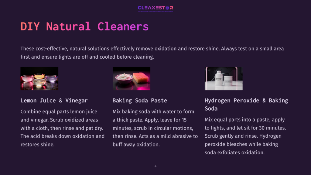 Diy Natural Cleaners: Lemon Juice And Vinegar In Bowls, Baking Soda Paste On A Surface, And Hydrogen Peroxide And Baking Soda In A Bottle. Text Provides Instructions For Each Natural Cleaner.