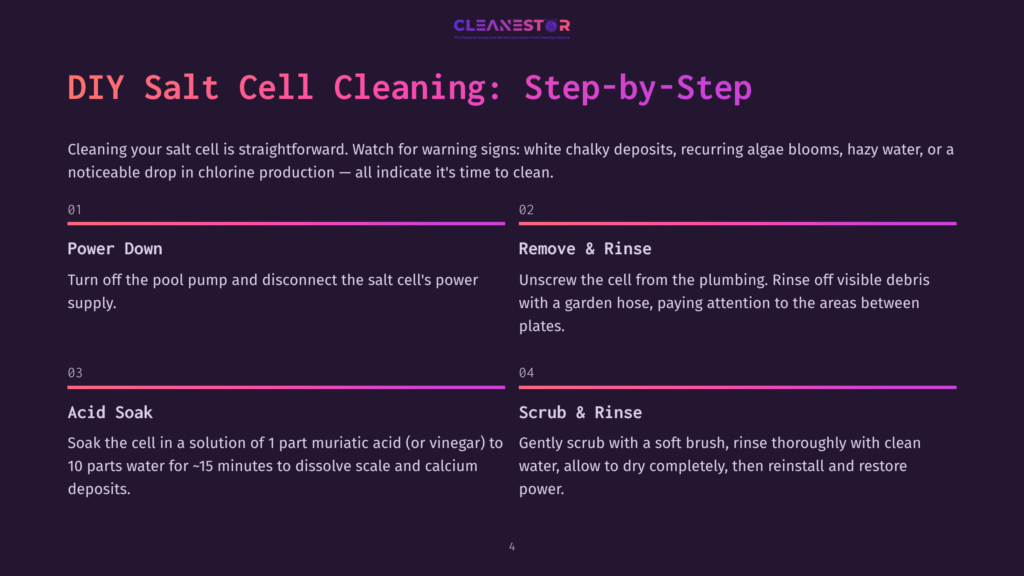 Infographic Titled &Quot;Diy Salt Cell Cleaning: Step-By-Step&Quot; With Sections Detailing Power Down, Remove &Amp; Rinse, Acid Soak, And Scrub &Amp; Rinse, Offering Instructions For Cleaning A Salt Cell.