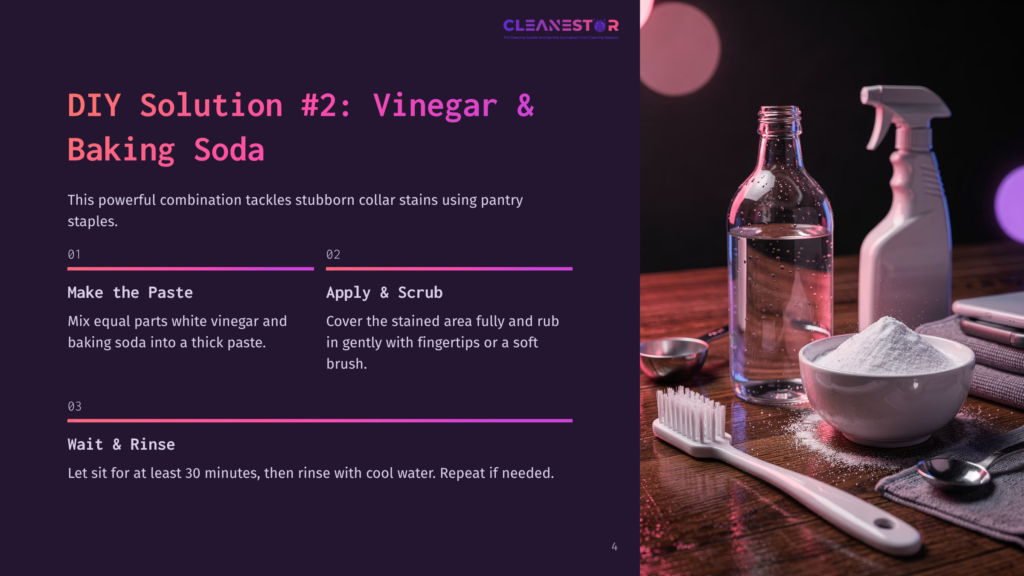 Diy Cleaning Solution #2: Vinegar &Amp; Baking Soda. A Spray Bottle, Bowl Of Baking Soda, And Toothbrush On A Wooden Table, With A Bottle Of Vinegar In The Background.