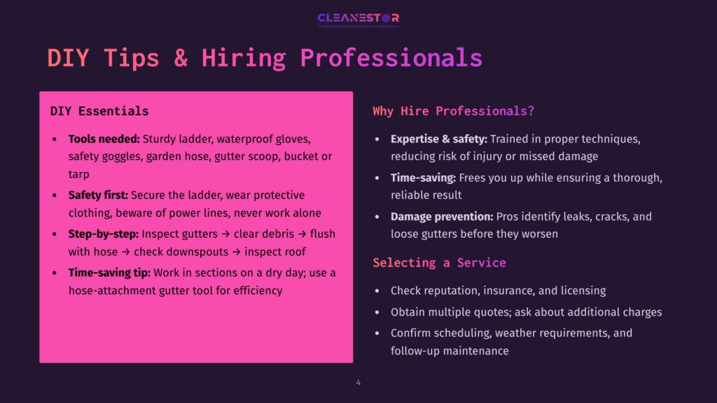 Diy Tips &Amp; Hiring Professionals: A Graphic With Purple And Pink Sections. The Left Side Lists Diy Essentials For Gutter Cleaning, Including Tools And Safety. The Right Side Details Why To Hire Professionals, Covering Expertise, Time-Saving, And Damage Prevention.