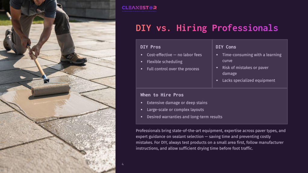A Person In Work Clothes Uses A Roller To Apply Sealant To A Newly Cleaned Stone Patio, With The Cleanestor Logo Visible.