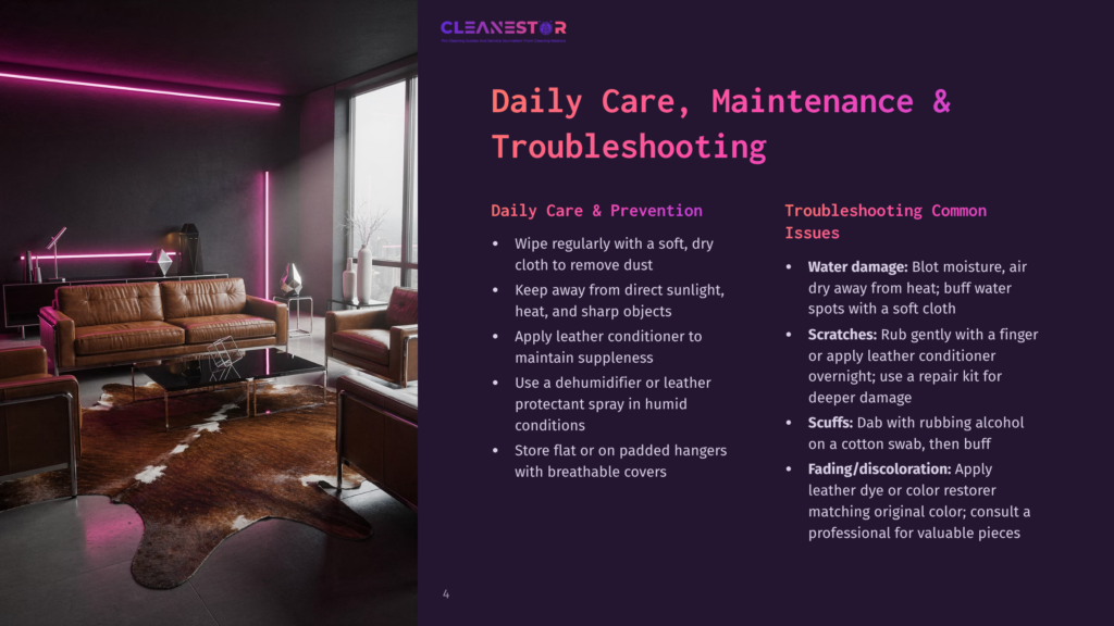 4 Daily Care Maintenance And Troubleshooting A Modern Living Room With Leather Furniture, A Glass Coffee Table, And A Pink Neon Light Above The Sofa. The Text Reads &Quot;Daily Care, Maintenance &Amp; Troubleshooting&Quot; With Sections On Daily Care, Troubleshooting Common Issues, And A Modern Interior Design.