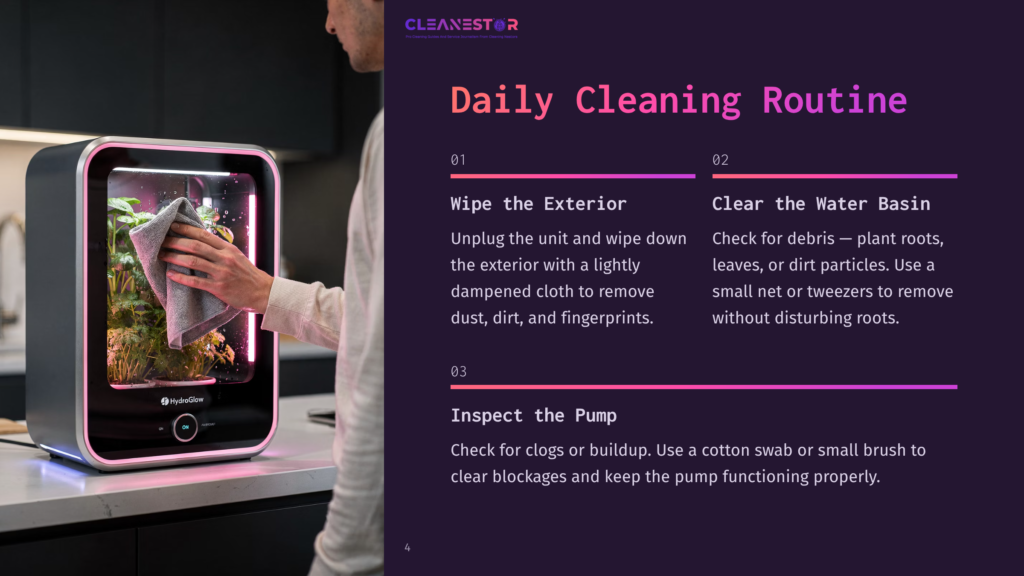 A Person'S Hands Gently Wipe The Exterior Of A Hydroglow Indoor Garden Unit With A Gray Cloth. The Unit Features A Glowing Pink Light And A Healthy Green Plant Inside. The Text &Quot;Cleanestor&Quot; And &Quot;Daily Cleaning Routine&Quot; Are Visible.