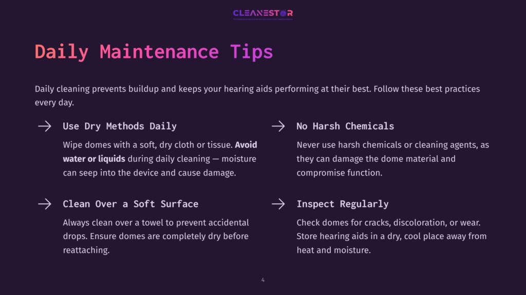 Daily Maintenance Tips For Hearing Aids From Cleanestor, Including Using Dry Methods, Avoiding Harsh Chemicals, Cleaning Over A Soft Surface, And Inspecting Regularly.