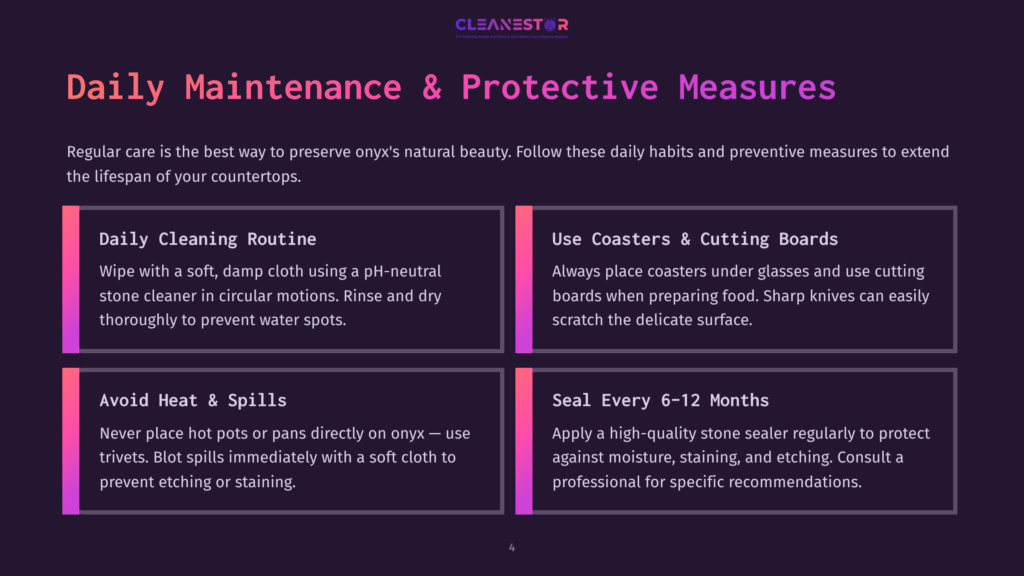 Dark Purple Background With The Text &Quot;Cleanestor&Quot; And &Quot;Daily Maintenance &Amp; Protective Measures&Quot; At The Top And Middle. Below, Four White Boxes With Dark Purple Borders Detail Countertop Care: &Quot;Daily Cleaning Routine&Quot;, &Quot;Use Coasters &Amp; Cutting Boards&Quot;, &Quot;Avoid Heat &Amp; Spills&Quot;, And &Quot;Seal Every 6-12 Months&Quot;.