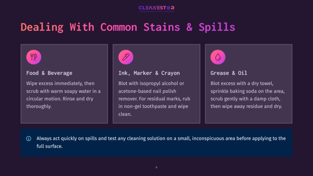 Infographic Titled &Quot;Dealing With Common Stains &Amp; Spills&Quot; With Sections On Food &Amp; Beverage, Ink, Marker &Amp; Crayon, And Grease &Amp; Oil, Offering Cleaning Tips.