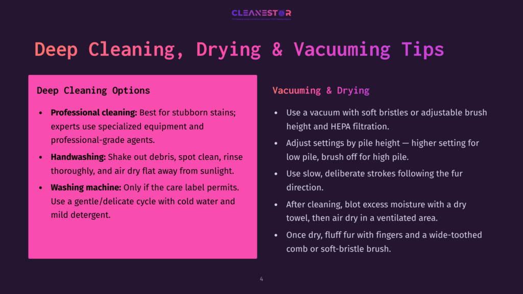 4 Deep Cleaning Drying And Vacuuming Tips Slide Titled &Quot;Deep Cleaning, Drying &Amp; Vacuuming Tips&Quot; With Sections On Deep Cleaning Options (Professional Cleaning, Handwashing, Washing Machine) And Vacuuming &Amp; Drying Instructions.