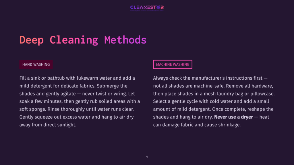 A Purple Background Displays Text About Deep Cleaning Methods, With Sections Titled &Quot;Hand Washing&Quot; And &Quot;Machine Washing&Quot;. The &Quot;Hand Washing&Quot; Section Shows A Sink Filled With Water And A Mild Detergent, With The Shades Submerged And Agitated. The &Quot;Machine Washing&Quot; Section Instructs To Check The Manufacturer'S Instructions, Remove All Hardware, And Use A Mesh Laundry Bag With Cold Water And A Small Amount Of Mild Detergent.