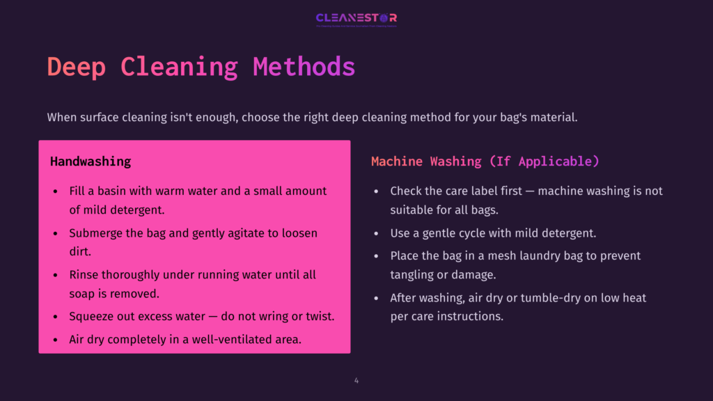 Deep Cleaning Methods For Bags: Handwashing Steps Include Filling A Basin With Warm Water And Mild Detergent, Submerging The Bag, Rinsing, Squeezing Out Excess Water, And Air Drying. Machine Washing Instructions Are Also Provided.