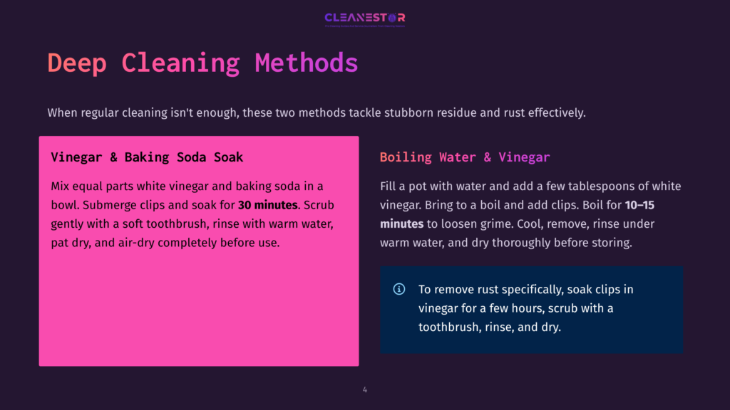 Deep Cleaning Methods Slide: &Quot;Vinegar &Amp; Baking Soda Soak&Quot; On Left With Instructions, &Quot;Boiling Water &Amp; Vinegar&Quot; On Right With Instructions And A Tip To Remove Rust.