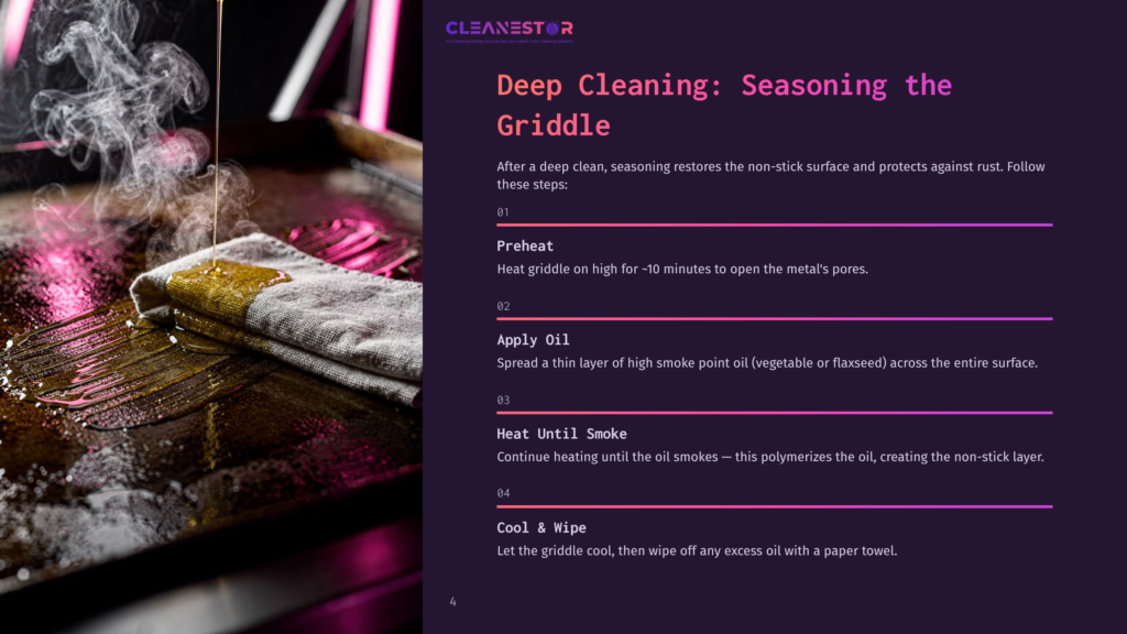Griddle Seasoning Process: Oil Is Poured Onto A Hot Griddle, Creating Steam As It'S Wiped With A Cloth.