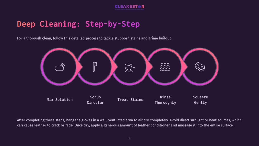 4 Deep Cleaning Step By Step Infographic Detailing The 5 Steps Of Deep Cleaning Leather Gloves: Mix Solution, Scrub Circular, Treat Stains, Rinse Thoroughly, And Squeeze Gently. The Steps Are Illustrated With Simple Icons In Colorful Circles Against A Dark Purple Background With The Cleanestor Logo At The Top.