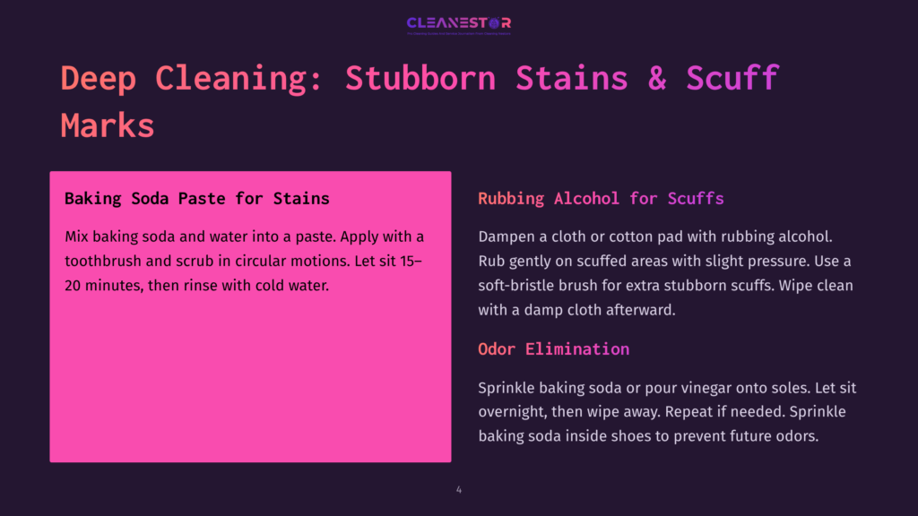 A Dark Purple Slide With White Text Titled &Quot;Deep Cleaning: Stubborn Stains &Amp; Scuff Marks.&Quot; Two Sections Detail Cleaning Methods: &Quot;Baking Soda Paste For Stains&Quot; And &Quot;Rubbing Alcohol For Scuffs,&Quot; With Step-By-Step Instructions.