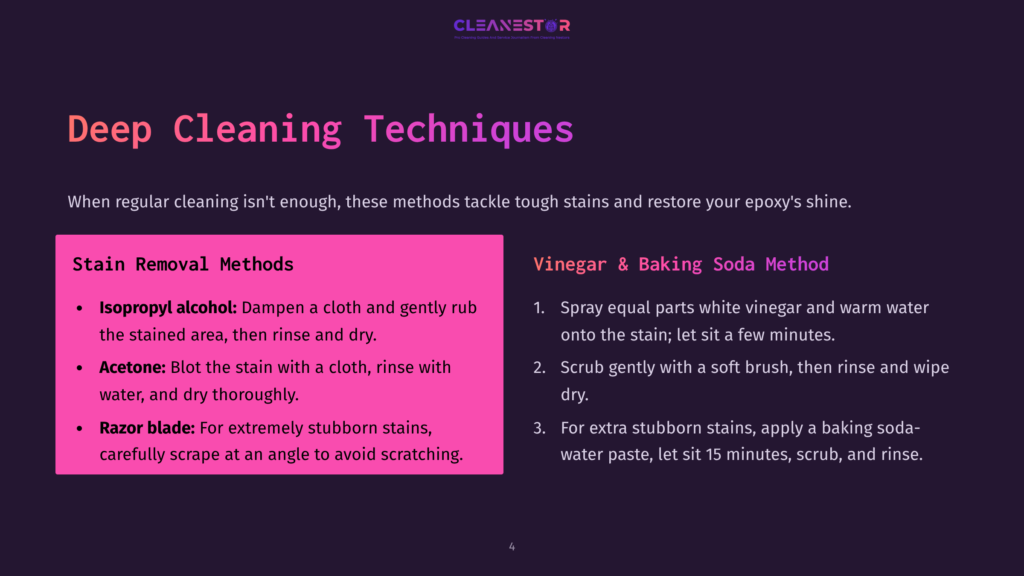 A Graphic Showing Deep Cleaning Techniques With A Purple Background, Featuring Text On Stain Removal Methods Using Isopropyl Alcohol, Acetone, And A Razor Blade, And A Method For Using Vinegar And Baking Soda.
