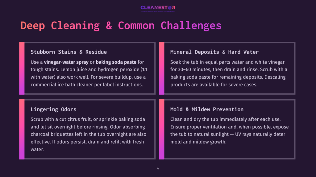 A Dark Purple Graphic With The Title &Quot;Deep Cleaning &Amp; Common Challenges&Quot; At The Top. It Divides Into Four Quadrants Detailing Cleaning Tips For Stubborn Stains, Mineral Deposits, Lingering Odors, And Mold &Amp; Mildew Prevention.