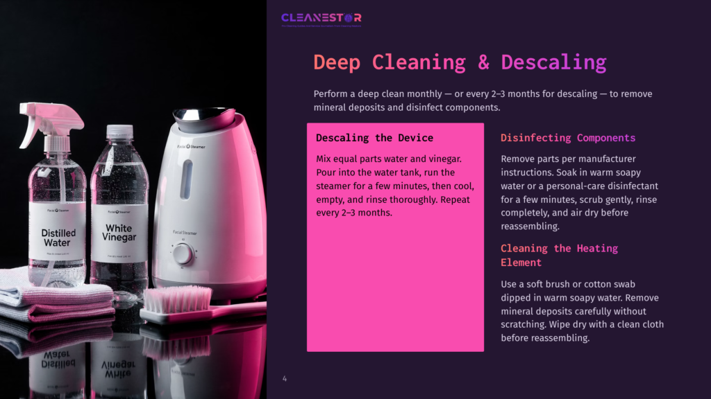 4 Deep Cleaning And Descaling Cleanestor Deep Cleaning And Descaling Device With Bottles Of Distilled Water And White Vinegar, And A Cleaning Brush.