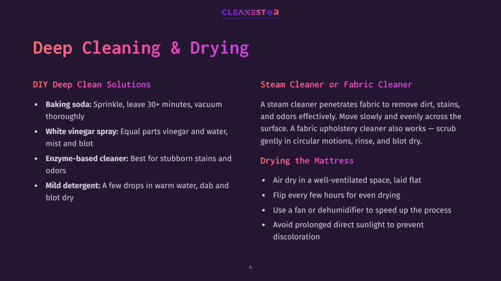 Cleanestor Diy Deep Cleaning Solutions: Baking Soda, White Vinegar Spray, Enzyme-Based Cleaner, And Mild Detergent For Fabric Upholstery Cleaning, Along With Steam Cleaner Instructions For Fabric Cleaning.