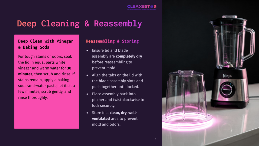 A Ninja Blender Sits On A Counter, With Its Disassembled Pitcher And Lid Glowing Pink. Text On The Left Side Of The Image Provides Cleaning Instructions For Blenders Using Vinegar And Baking Soda.
