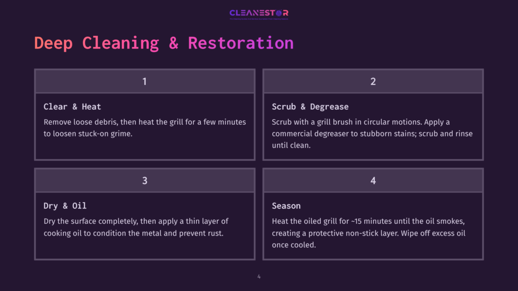 4 Deep Cleaning And Restoration Infographic Detailing The 4-Step Process For Deep Cleaning And Restoring A Grill: Clear &Amp; Heat, Scrub &Amp; Degrease, Dry &Amp; Oil, And Season.