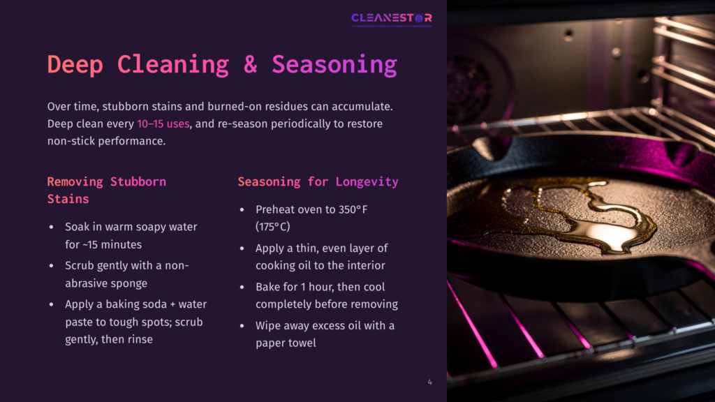 Close-Up Of A Cast Iron Skillet Being Seasoned With Oil In A Hot Oven, With Purple And Pink Light Reflecting Off The Metal.
