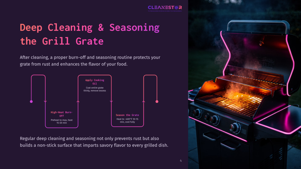 4 Deep Cleaning And Seasoning The Grill Grate A Glowing Grill Grate Is Illuminated By Orange Flames, With The Text &Quot;Cleanestor Deep Cleaning &Amp; Seasoning The Grill Grate&Quot; Visible In The Background. The Image Illustrates A Deep Cleaning And Seasoning Routine For Grill Grates.