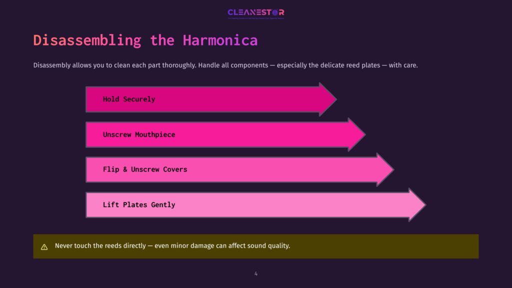 Diagram Showing How To Disassemble A Harmonica, With Steps Like &Quot;Hold Securely,&Quot; &Quot;Unscrew Mouthpiece,&Quot; &Quot;Flip &Amp; Unscrew Covers,&Quot; And &Quot;Lift Plates Gently.&Quot; A Warning States, &Quot;Never Touch The Reeds Directly.