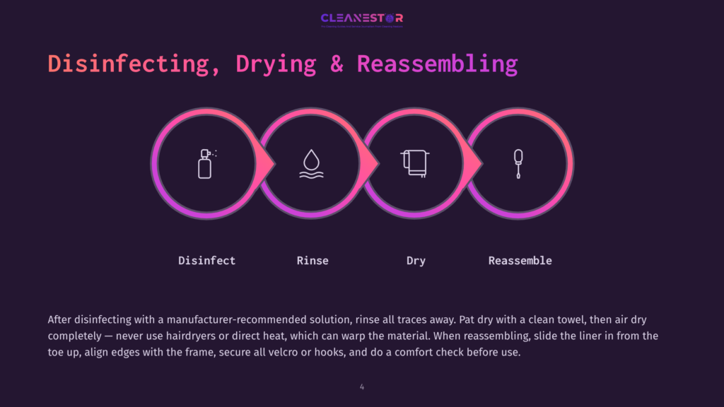 Diagram Illustrating The Four Steps Of Cleaning: Disinfect, Rinse, Dry, And Reassemble. Each Step Is Represented By A Circular Icon With A Gradient Purple And Pink Border And A White Outline Icon Within.