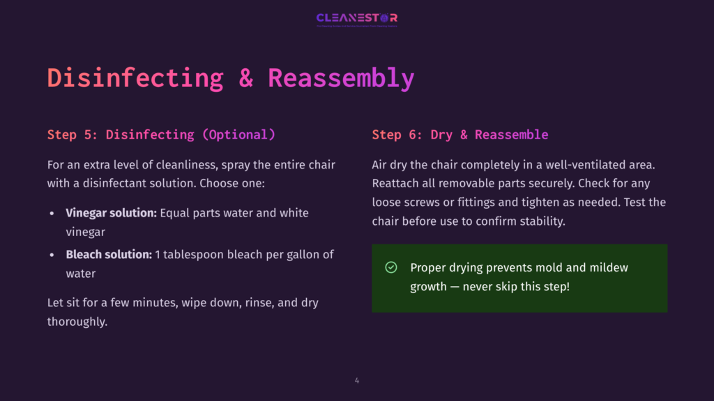 Slide 4 Of 4: Disinfecting &Amp; Reassembly. Step 5: Disinfecting (Optional) With Vinegar Or Bleach Solution. Step 6: Dry &Amp; Reassemble, Ensuring Proper Drying To Prevent Mold And Mildew Growth.
