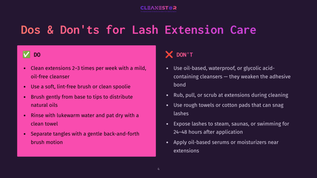 4 Dos And Donts For Lash Extension Care Infographic Titled &Quot;Dos &Amp; Don'Ts For Lash Extension Care&Quot; Displayed On A Dark Background With A Pink Box Listing Do'S, Such As &Quot;Clean Extensions 2-3 Times Per Week With A Mild, Oil-Free Cleanser,&Quot; And A Red Box Listing Don'Ts, Such As &Quot;Use Oil-Based, Waterproof, Or Glycolic Acid-Containing Cleansers.