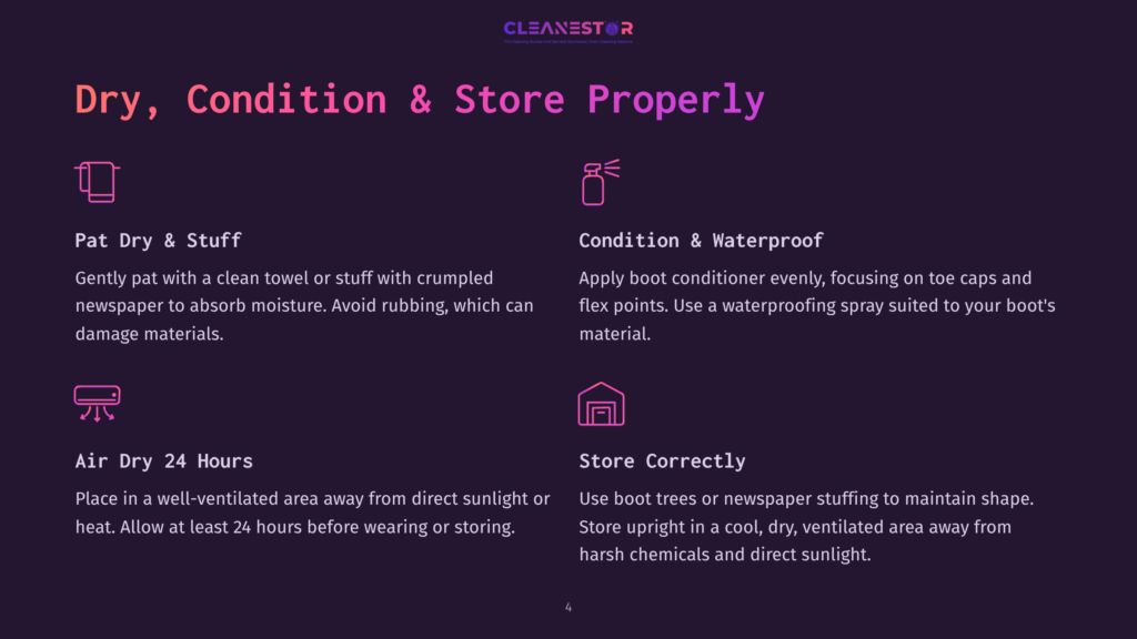 4 Dry Condition And Store Properly Cleanestor Infographic Detailing How To Dry, Condition, And Store Boots Properly. Includes Tips For Pat Drying, Conditioning, Air Drying, And Storing Boots With Newspaper.