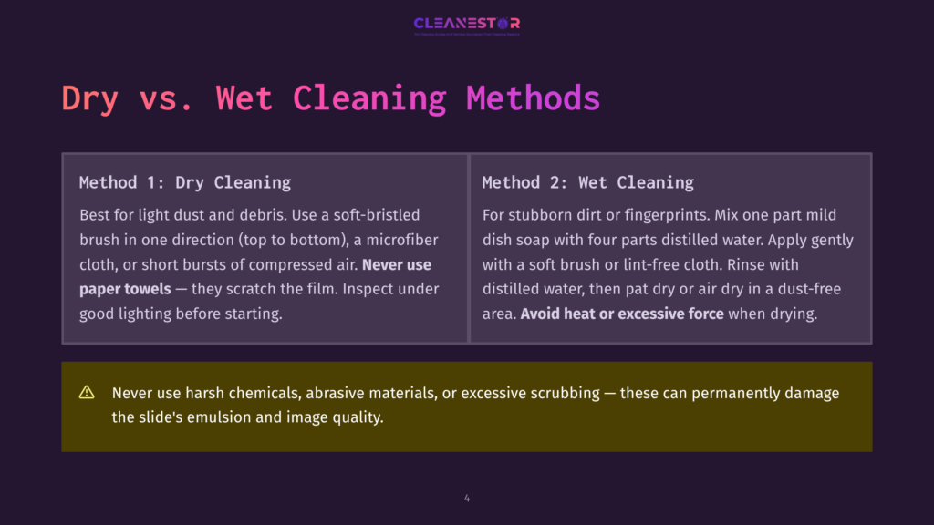 Two Methods For Cleaning Slides Displayed: Dry Cleaning And Wet Cleaning. The Dry Cleaning Method Suggests Using A Soft-Bristled Brush In One Direction For Light Dust, While The Wet Cleaning Method Recommends Mixing Mild Dish Soap With Water And Using A Soft Brush Or Lint-Free Cloth.