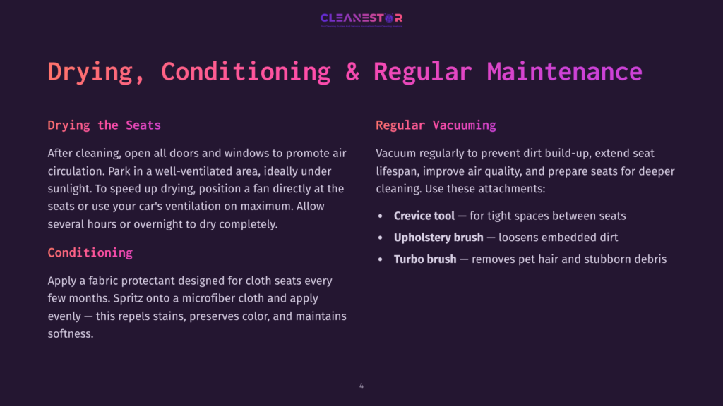 Cleanestor Logo With Text: Drying, Conditioning &Amp; Regular Maintenance. Sections Detail Drying The Seats, Conditioning, And Regular Vacuuming With Tool Suggestions.
