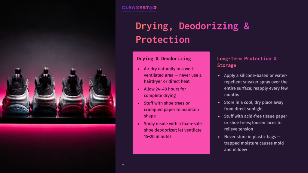 An Infographic On Drying, Deodorizing, And Protecting Shoes, Showing Sneakers On A Dark Background With Text Overlay.