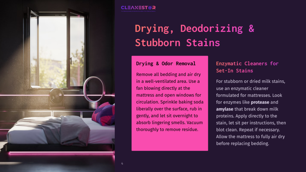 Cleanestor Logo And Text About Drying, Deodorizing, And Stubborn Stains On Mattresses, With An Image Of A Modern Bedroom With An Open Window And A Fan.