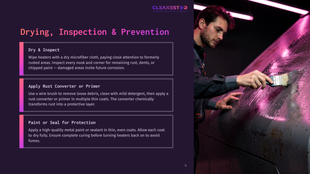 4 Drying Inspection And Prevention Close-Up Of A Man With A Brush Applying A Rust Converter To A Metal Surface, With A Pinkish-Purple Light Reflecting Off The Wet Surface And A Hint Of The &Quot;Cleanestor&Quot; Logo In The Background.