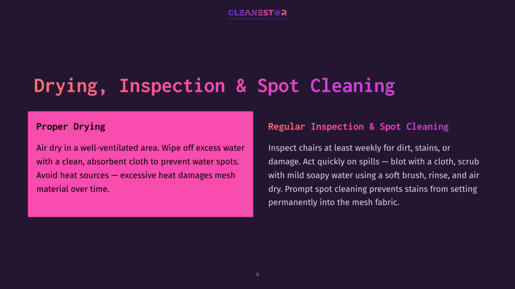 Presentation Slide Titled &Quot;Drying, Inspection &Amp; Spot Cleaning&Quot; With Sections On &Quot;Proper Drying&Quot; And &Quot;Regular Inspection &Amp; Spot Cleaning&Quot; Detailing Cleaning Methods.