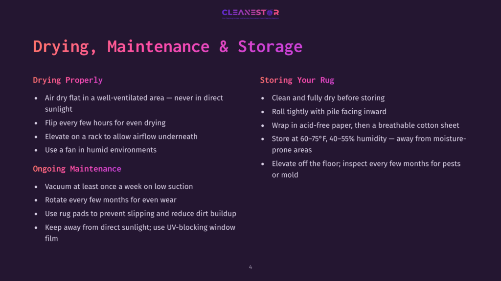 A Presentation Slide Titled &Quot;Drying, Maintenance &Amp; Storage&Quot; With Two Columns Of Text Detailing Proper Drying, Ongoing Maintenance, And Rug Storage Tips.