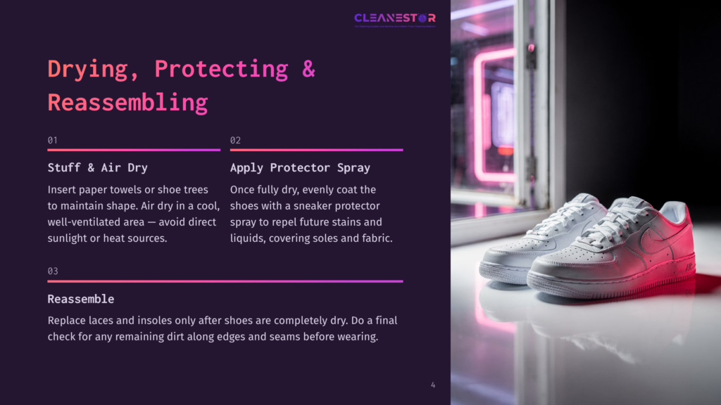 Two Pristine White Nike Air Force 1 Sneakers Sit On A Reflective Surface, Bathed In Soft, Pinkish Light. The Shoes Are Positioned Side-By-Side, With The Left Shoe Slightly Forward, Showcasing Their Clean Design And Iconic Swoosh. The Background Is Blurred, Hinting At An Indoor Setting With Neon Lighting.
