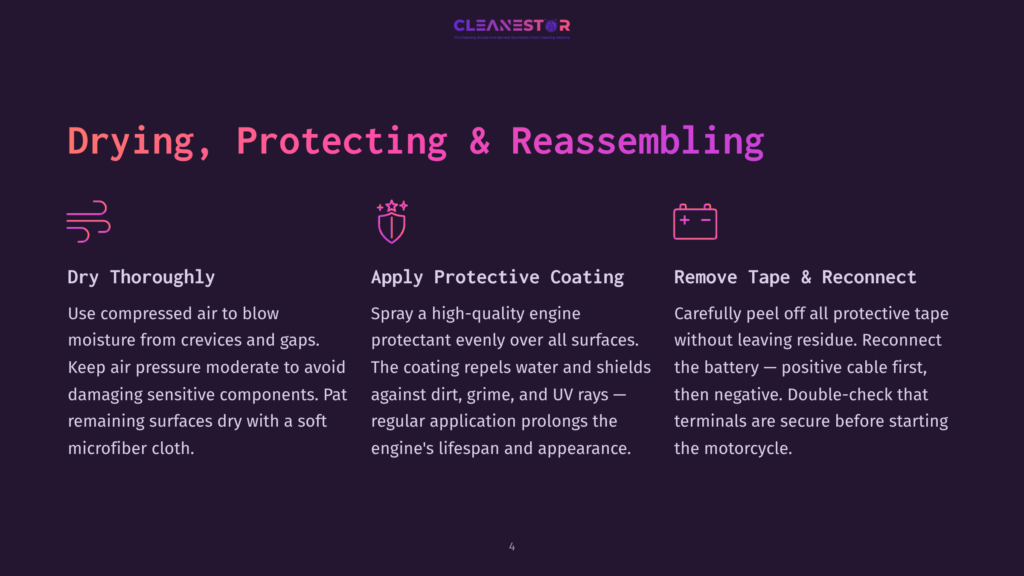 4 Drying Protecting And Reassembling Three Icons On A Purple Background With Text: &Quot;Dry Thoroughly&Quot; With Air Waves, &Quot;Apply Protective Coating&Quot; With A Shield, And &Quot;Remove Tape &Amp; Reconnect&Quot; With A Battery Symbol. The Text Details Motorcycle Cleaning Steps.