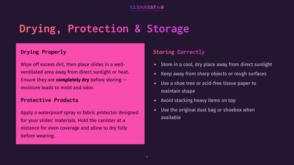 Cleanestor Logo Above Text About Drying, Protection, And Storage For Slides, Including &Quot;Drying Properly&Quot; And &Quot;Storing Correctly&Quot; Sections With Bullet Points.