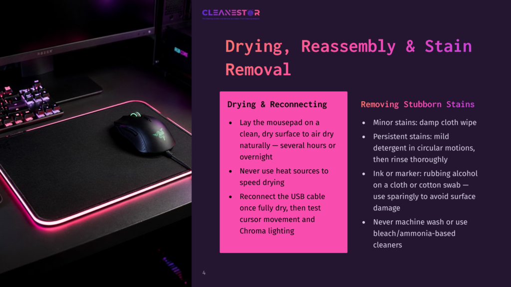 Close-Up Of A Gaming Mouse And Keyboard On A Black Mousepad With Pink Led Lighting. Text Overlays Discuss Drying, Reassembly, And Stain Removal For Electronics.