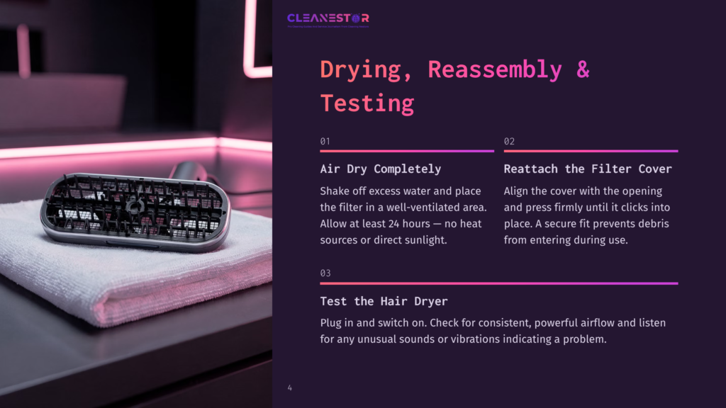 Close-Up Of A Black Hair Dryer Nozzle With Intricate Metal Grates Resting On A White Towel, Illuminated By Vibrant Pink And Purple Neon Lights. Text Overlay Reads &Quot;Cleanestor Drying, Reassembly &Amp; Testing&Quot;.