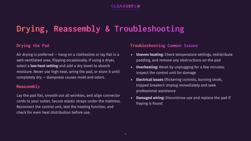 A Slide From A Presentation Titled &Quot;Drying, Reassembly &Amp; Troubleshooting&Quot; With Text Covering Drying The Pad, Reassembly, And Troubleshooting Common Issues Like Uneven Heating And Overheating.