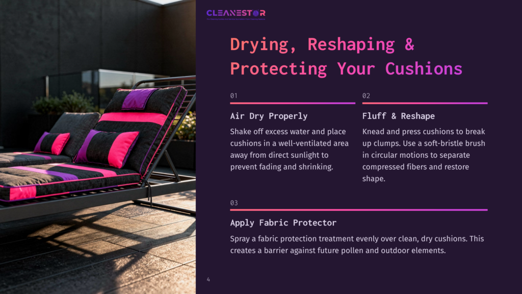 Close-Up Of Vibrant Outdoor Cushions In Bright Pink And Purple Stripes On A Dark Lounge Chair, Bathed In Sunlight. Text Overlay Reads &Quot;Cleanestor Drying, Reshaping &Amp; Protecting Your Cushions&Quot;.